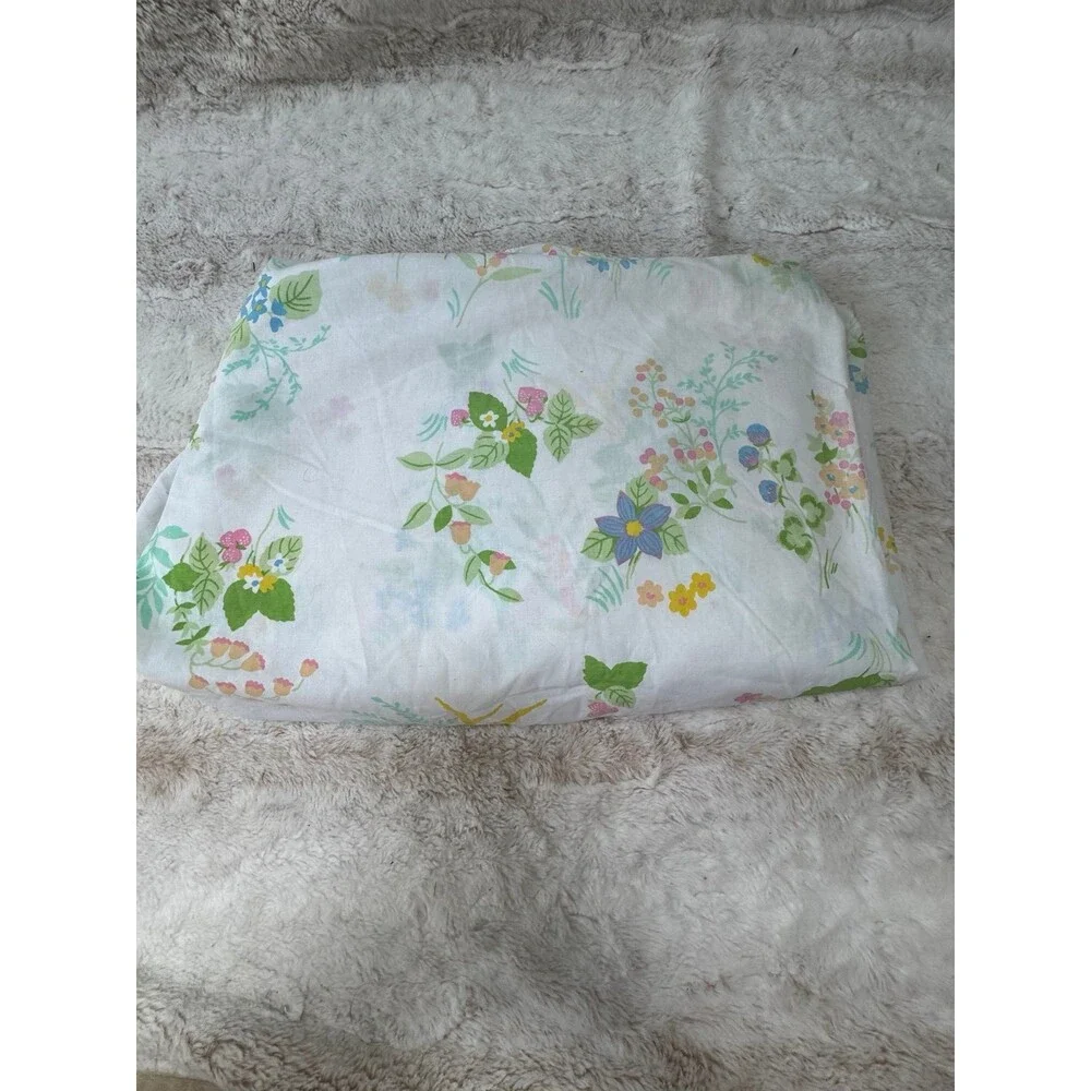 VTG 80s Ultracale Wamsutta Floral Garden Queen Flat Fitted Sheet Country Flowers